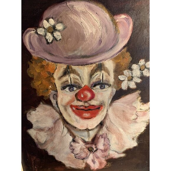 Vintage Oil On Canvas Clown Painting Artist Signed Raines? Original 14"x18" - Picture 10 of 11